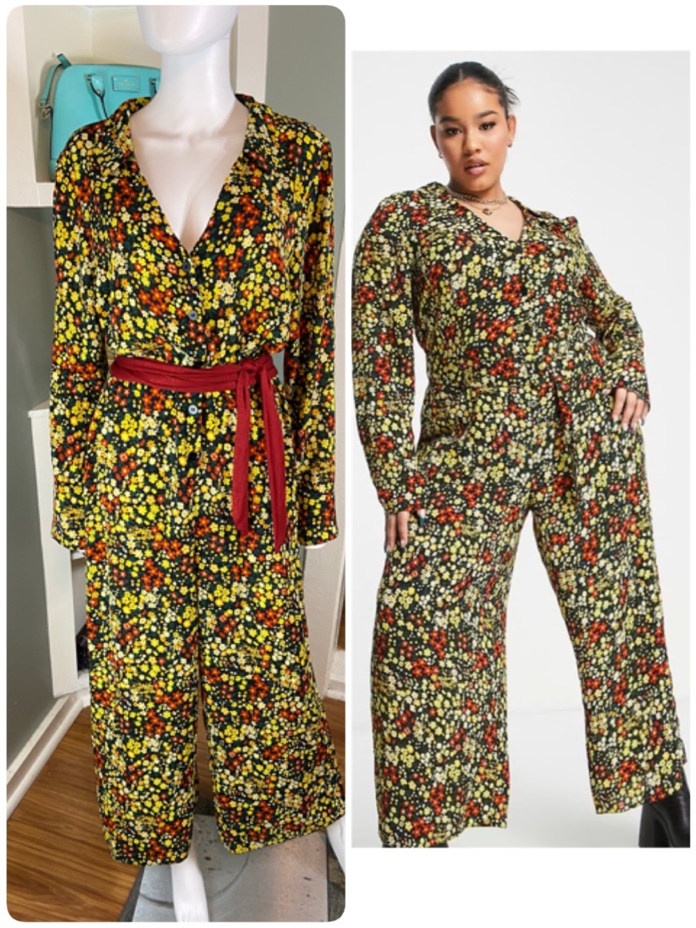 ASOS Curve Bubble Crepe Collared Belted Wide Leg Jumpsuit Floral Sz 14 Retro